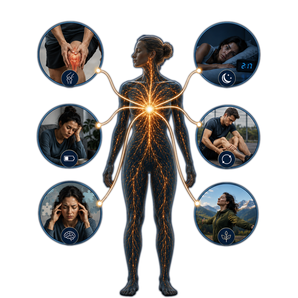 Six symptom areas sharing one cellular root cause
